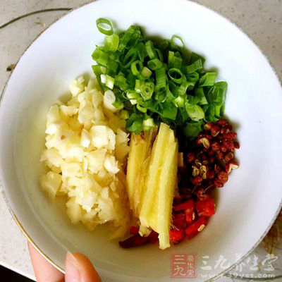 蔥姜蒜和干紅辣椒段