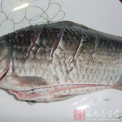 將魚刮洗干淨，在魚背上割上斜花刀