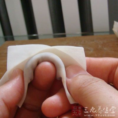 將餡心包入皮中，對疊成三角形